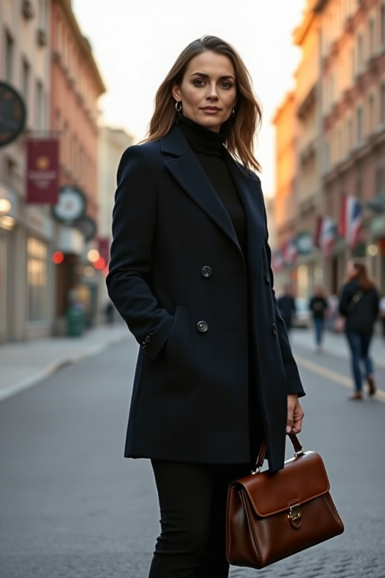 A woman in a tailored navy wool coat with a fitted black turtleneck and slim black trousers, standing on a qui
