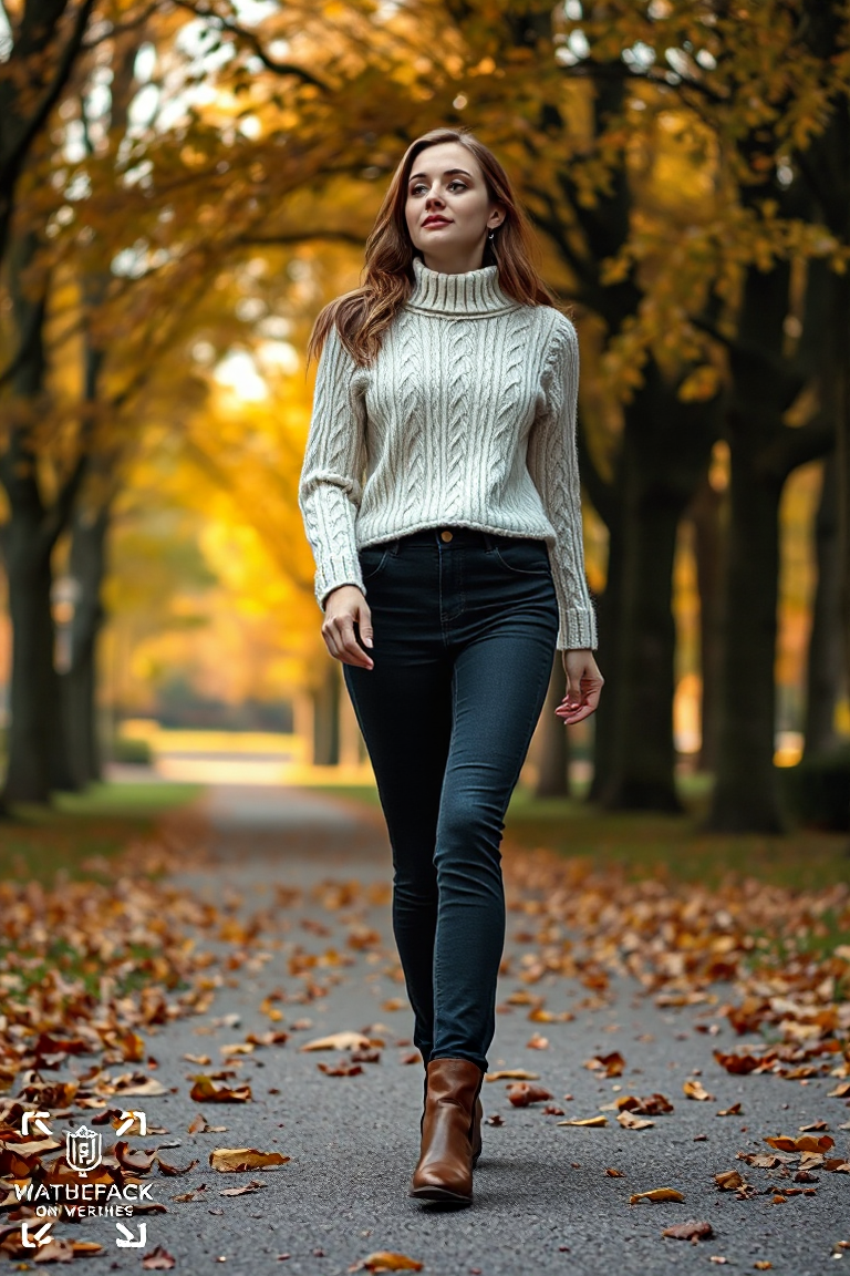 A woman in a cream cable-knit sweater, high-waisted black jeans, and brown ankle boots, walking through a leaf