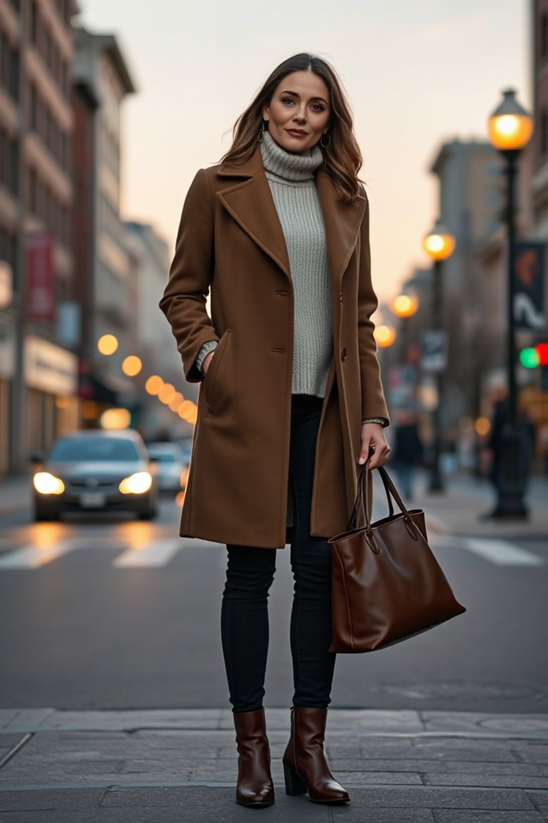A woman in a knee-length wool coat standing on a city street at dusk, wearing a cream oversized knit sweater, 
