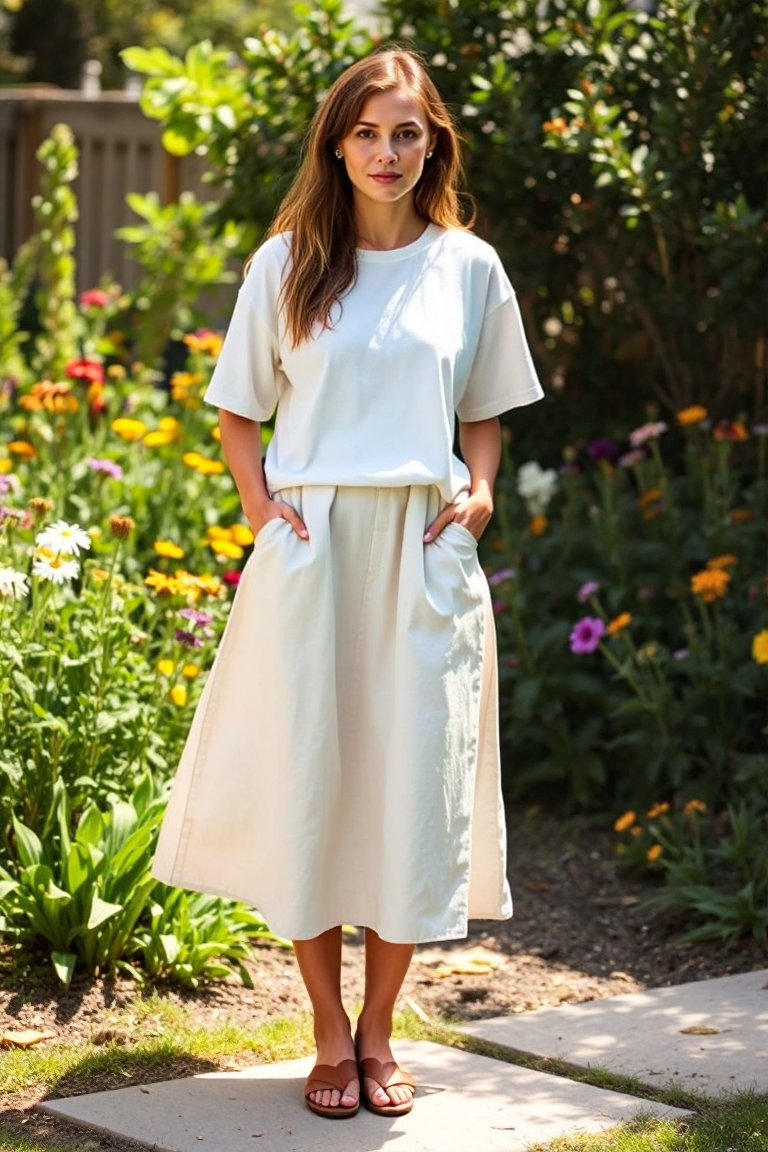 A woman in a cream linen midi skirt, white oversized t-shirt, and brown leather sandals, standing in a sunlit 