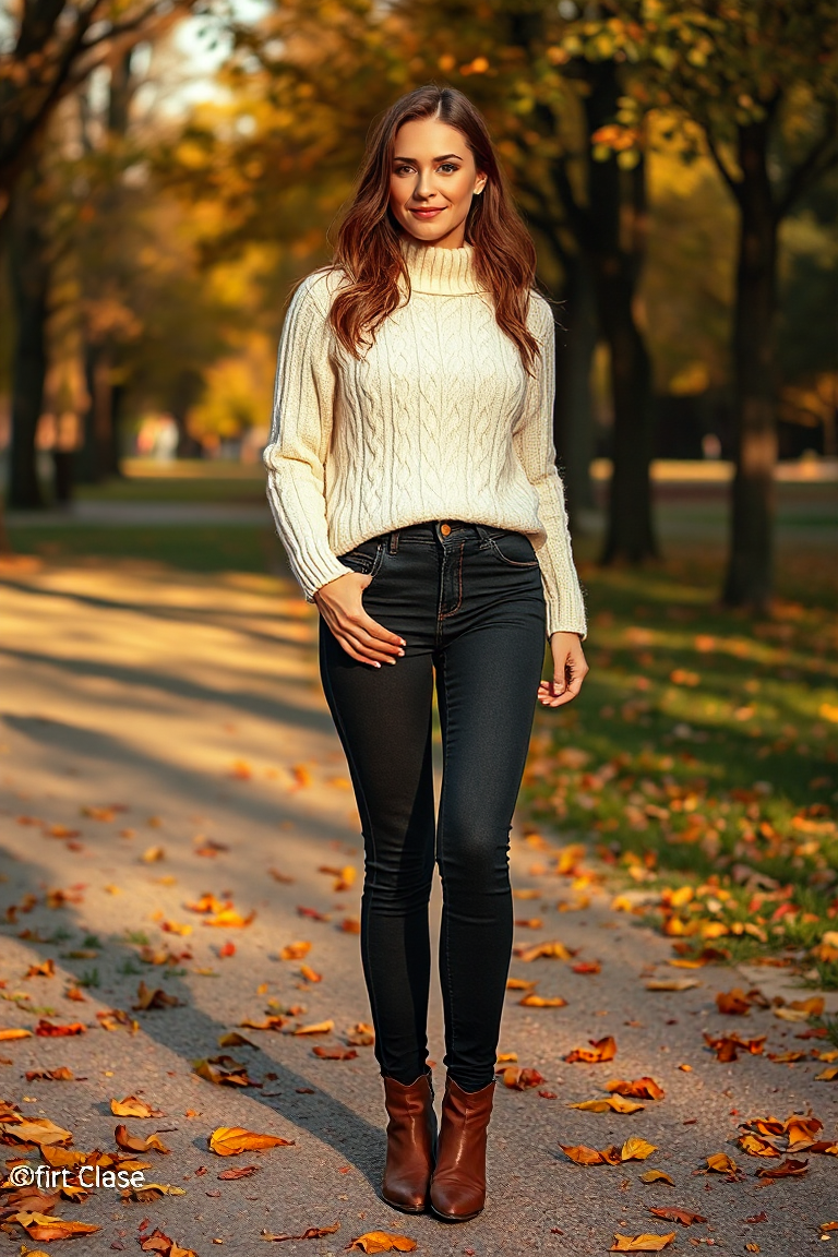 A woman in a cream cable-knit sweater, high-waisted black jeans, and brown ankle boots, standing in a sunlit p