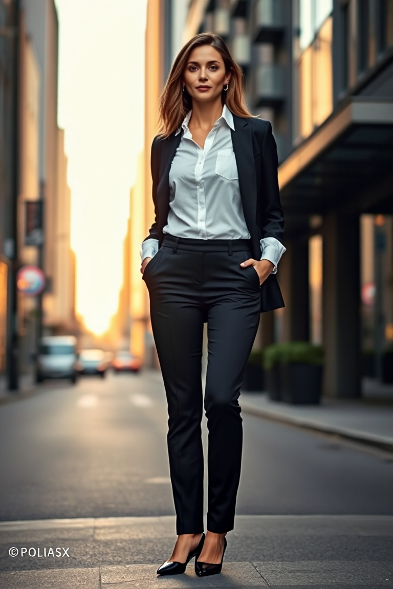 A woman in a tailored slim fit black trouser with a crisp white button-down shirt, standing in a modern city s