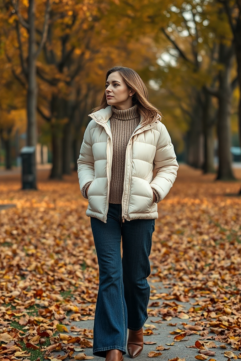 A woman walking through a leaf-strewn park in autumn, wearing a cream puffer jacket with a ribbed oatmeal swea
