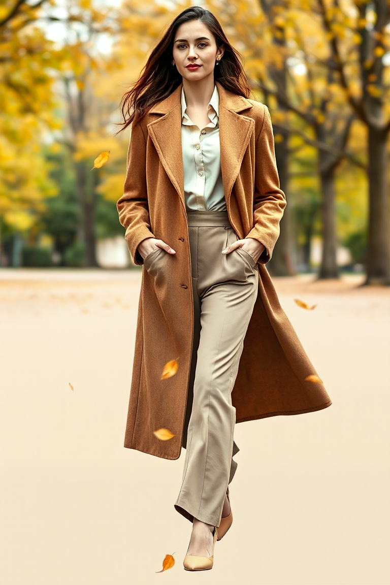 A woman in a long camel wool coat with a cream silk blouse and high-waisted tailored trousers, walking through
