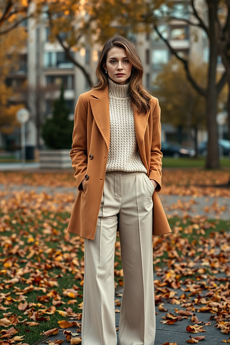 A woman in a camel fitted blazer coat layered over a cream chunky knit sweater and wide-leg beige trousers, st