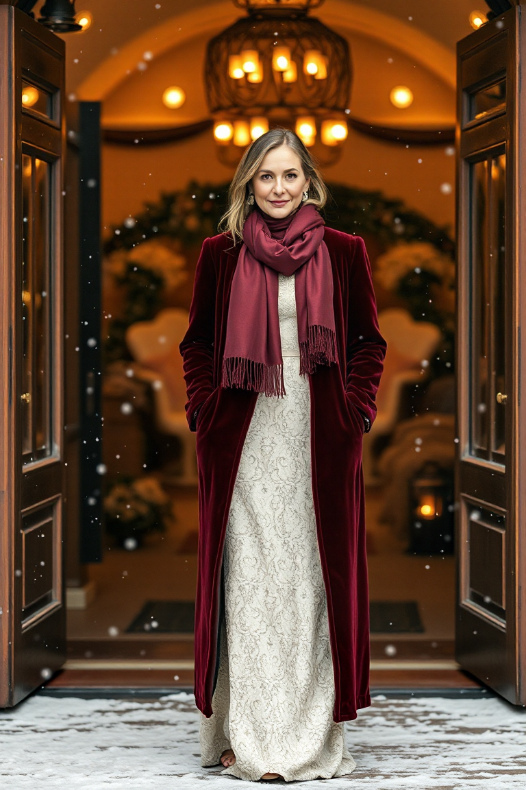 A woman in a long burgundy velvet coat with a matching silk scarf, paired with a cream lace gown, standing at 