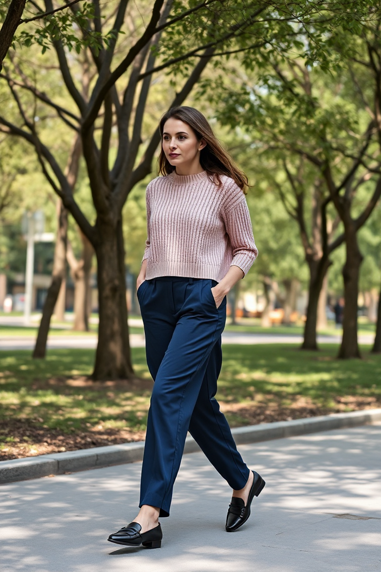 Full-body fashion photo of a woman in a pair of navy straight-leg cotton trousers, a cropped pastel pink knit 