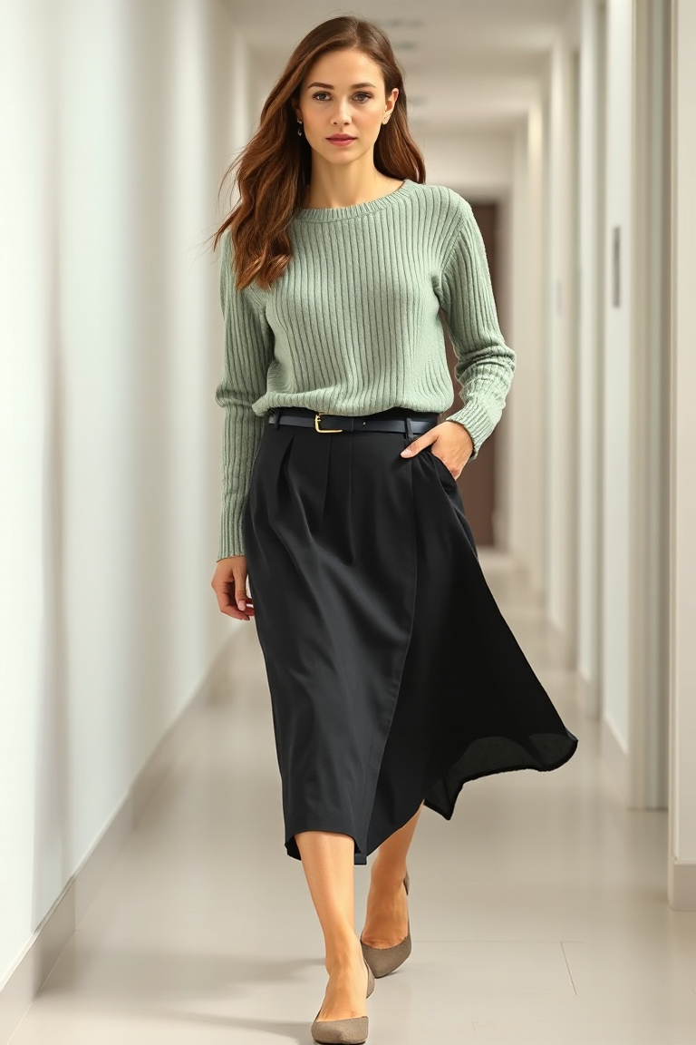 A woman in a soft sage green cashmere sweater and a high-waisted black midi skirt walks through a minimalist o