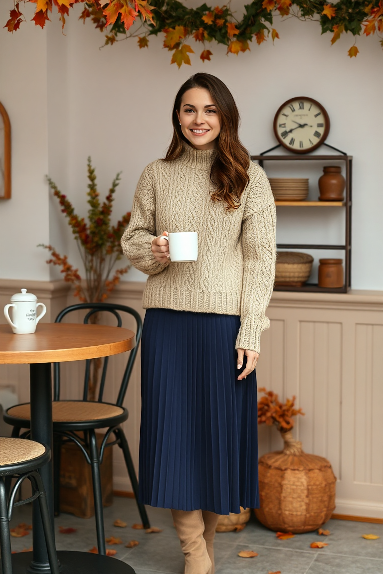 A woman in a beige cable-knit sweater, a navy pleated midi skirt, and knee-high suede boots, standing at a caf