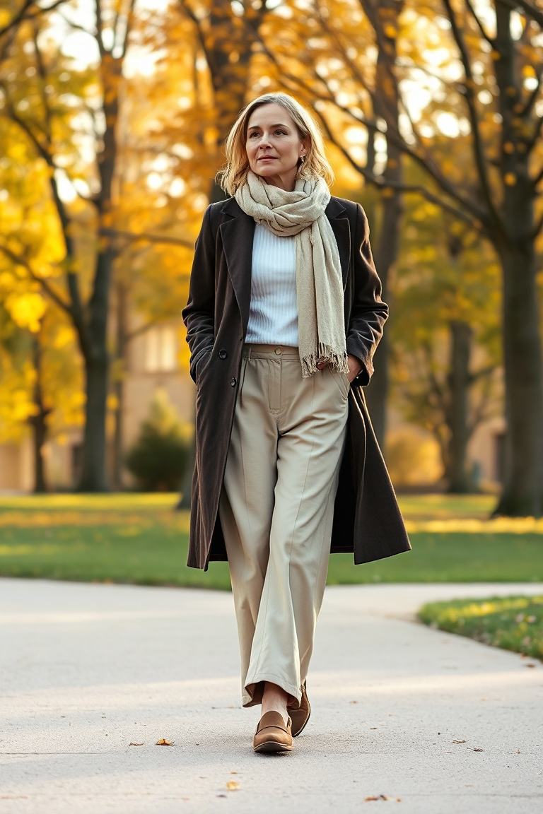 A woman in a longline tailored coat walking through a park in autumn, wearing a white ribbed turtleneck, wide-