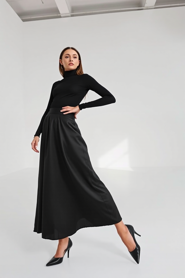 A woman in a black satin midi skirt, black turtleneck, and black pointed-toe heels, posing in a minimalist whi