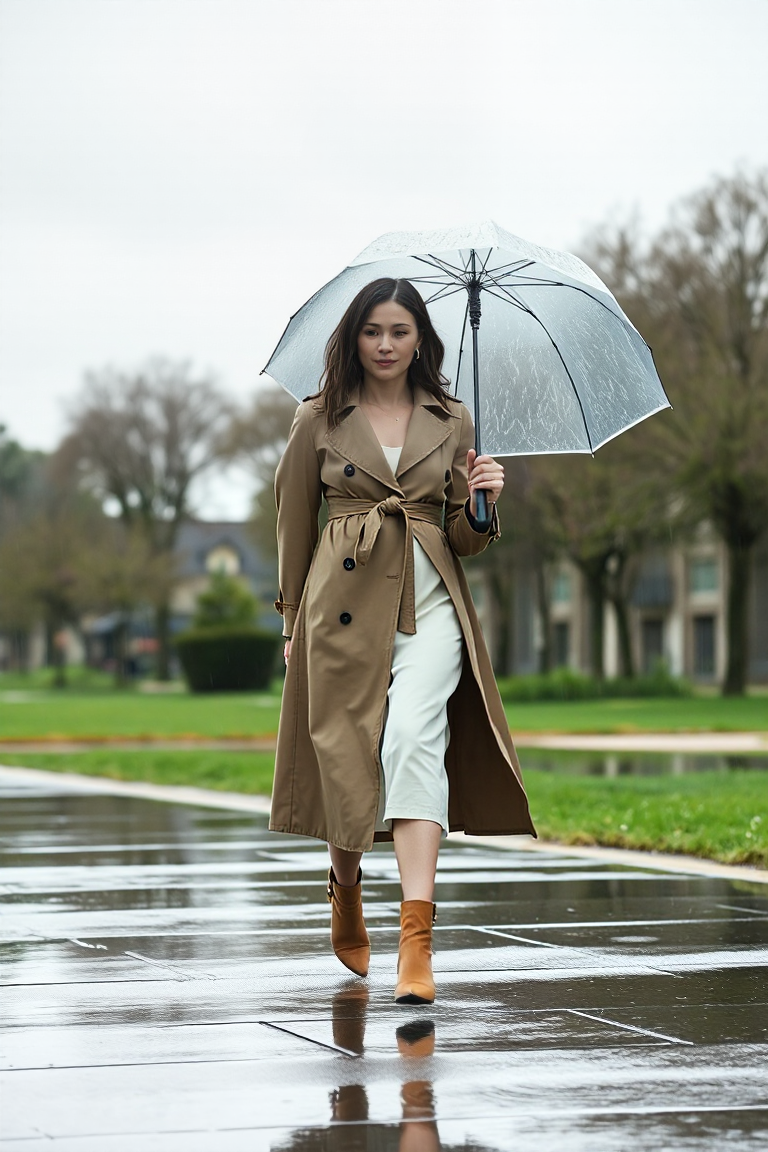 A woman in a long, belted trench coat, walking through a park on a rainy day, grey overcast sky, wearing a cre