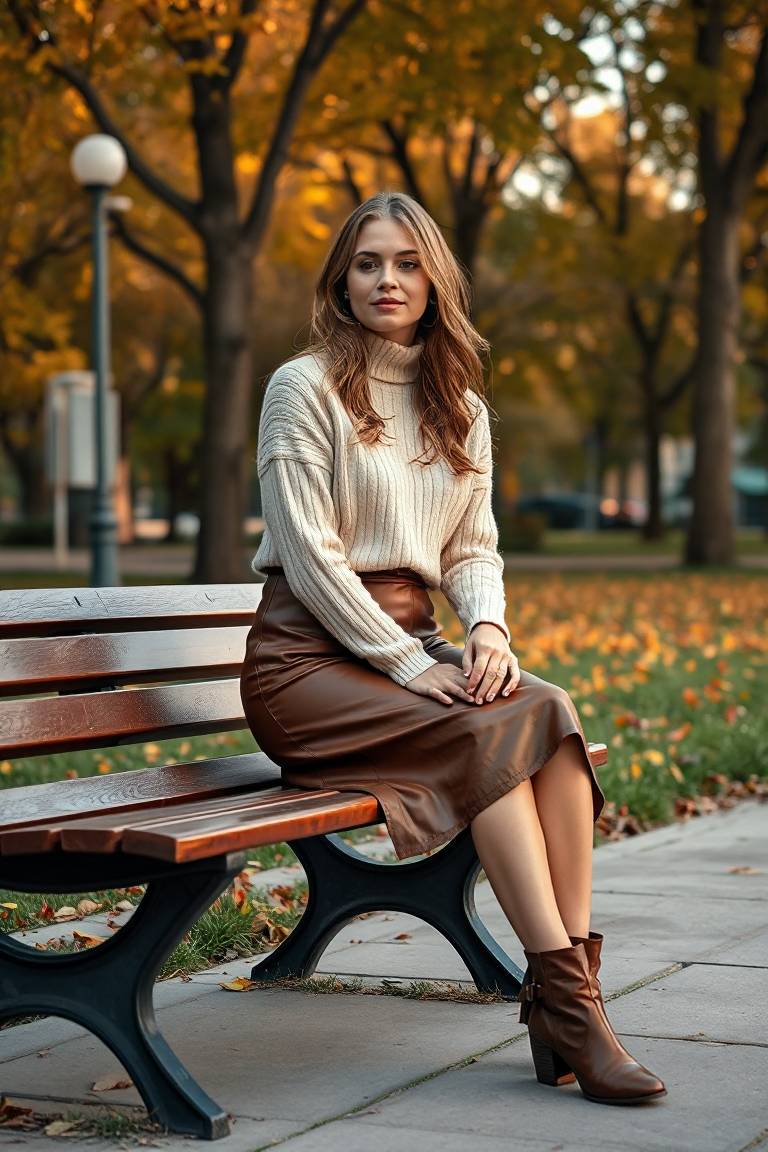 A woman in a brown leather pencil skirt, a cream cashmere sweater, and ankle boots, sitting on a bench in an u