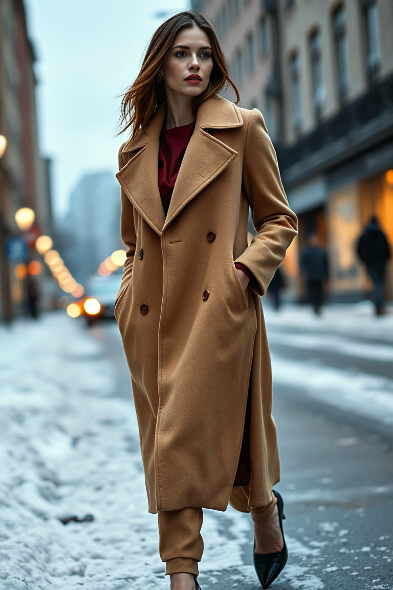 A woman in a knee-length camel cashmere coat, layered over a deep burgundy silk dress, walking along a snowy c