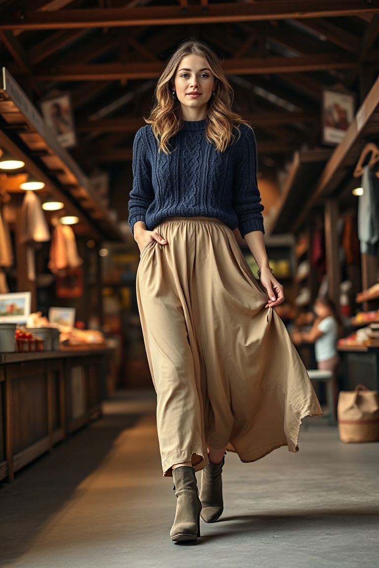 A woman in a navy cable-knit sweater, a flowing beige maxi dress, and suede ankle boots, walking through a rus