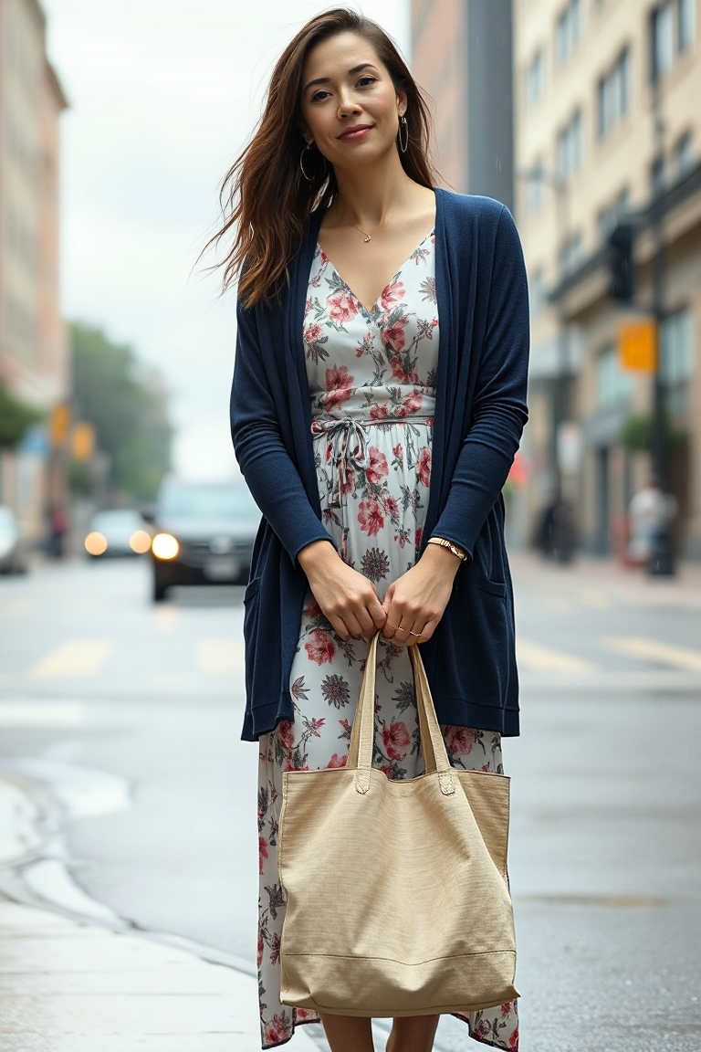 A woman in a long-sleeved floral dress with a lightweight navy cardigan, standing on a city street with light