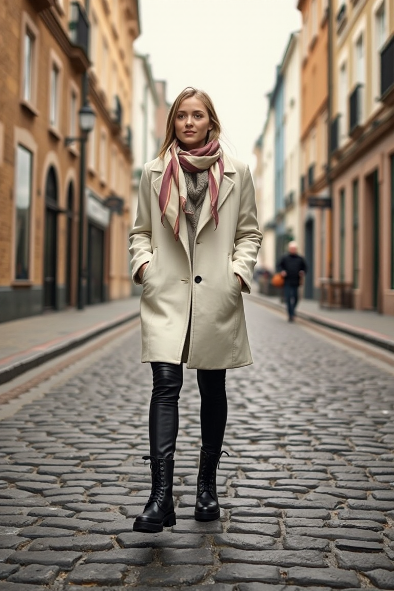 A woman walking down a cobblestone street in a cream wool coat, black combat boots, and a silk scarf tied loos