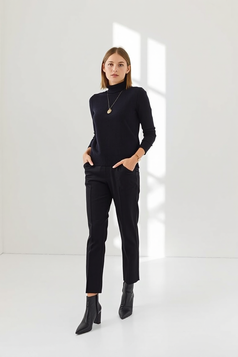 A woman in a black cropped straight-leg trouser and a fitted navy knit sweater, standing in a minimalist studi