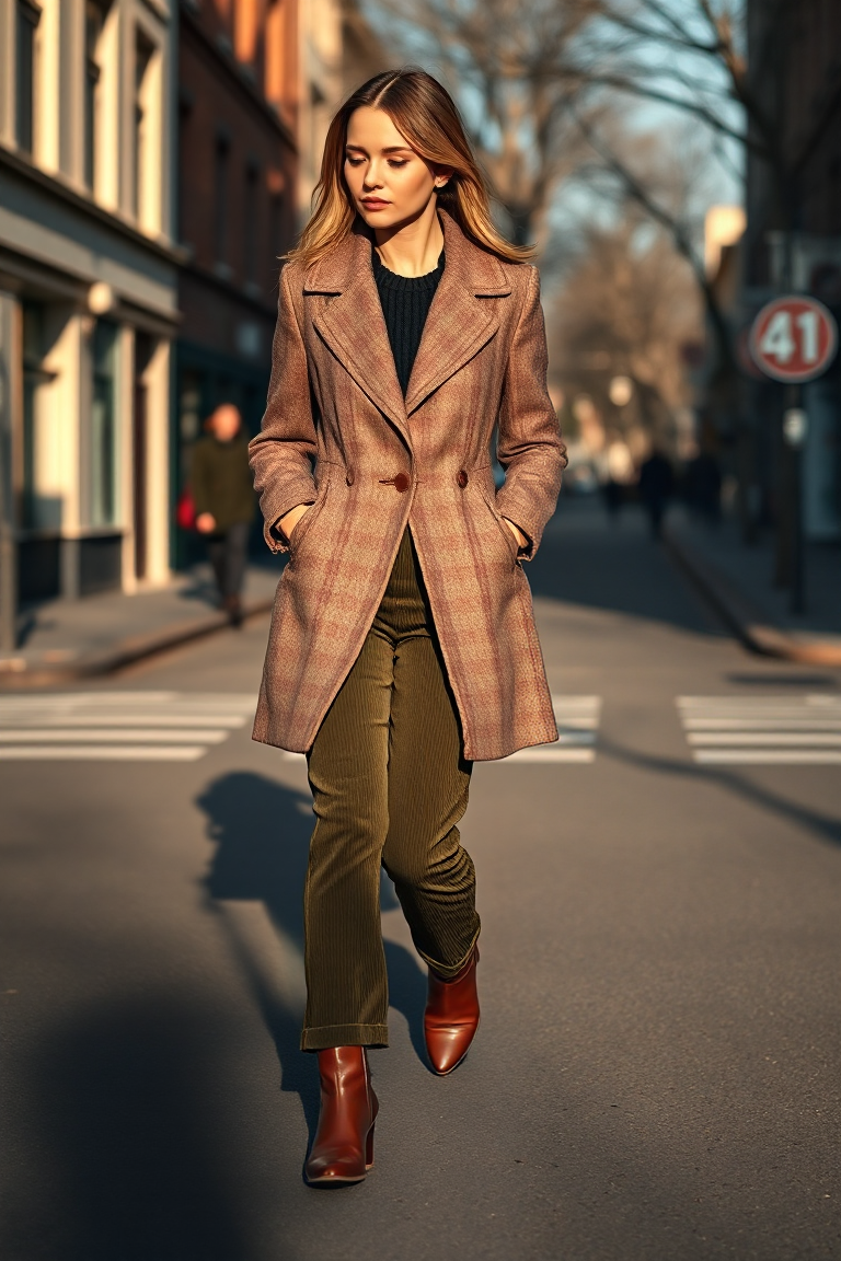 A woman in a tailored wool coat, olive green corduroy trousers, and brown leather boots walks through a city s