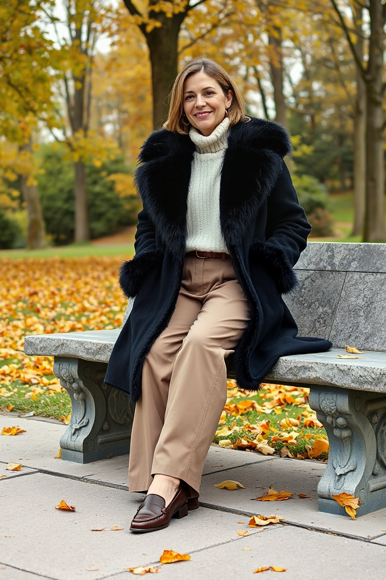 A woman in a structured black faux fur-trimmed coat, styled with a cream knit sweater, wide-leg taupe trousers