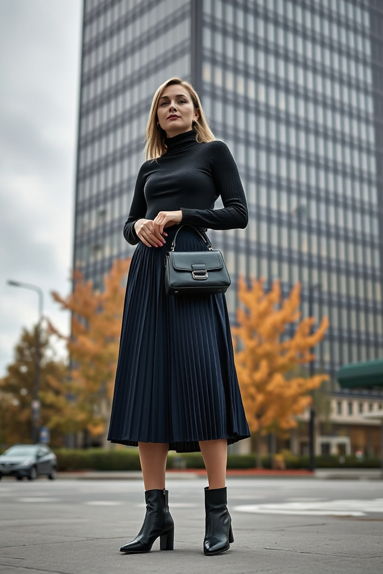 A woman in a navy pleated midi skirt, black turtleneck, black ankle boots, and a structured black leather hand