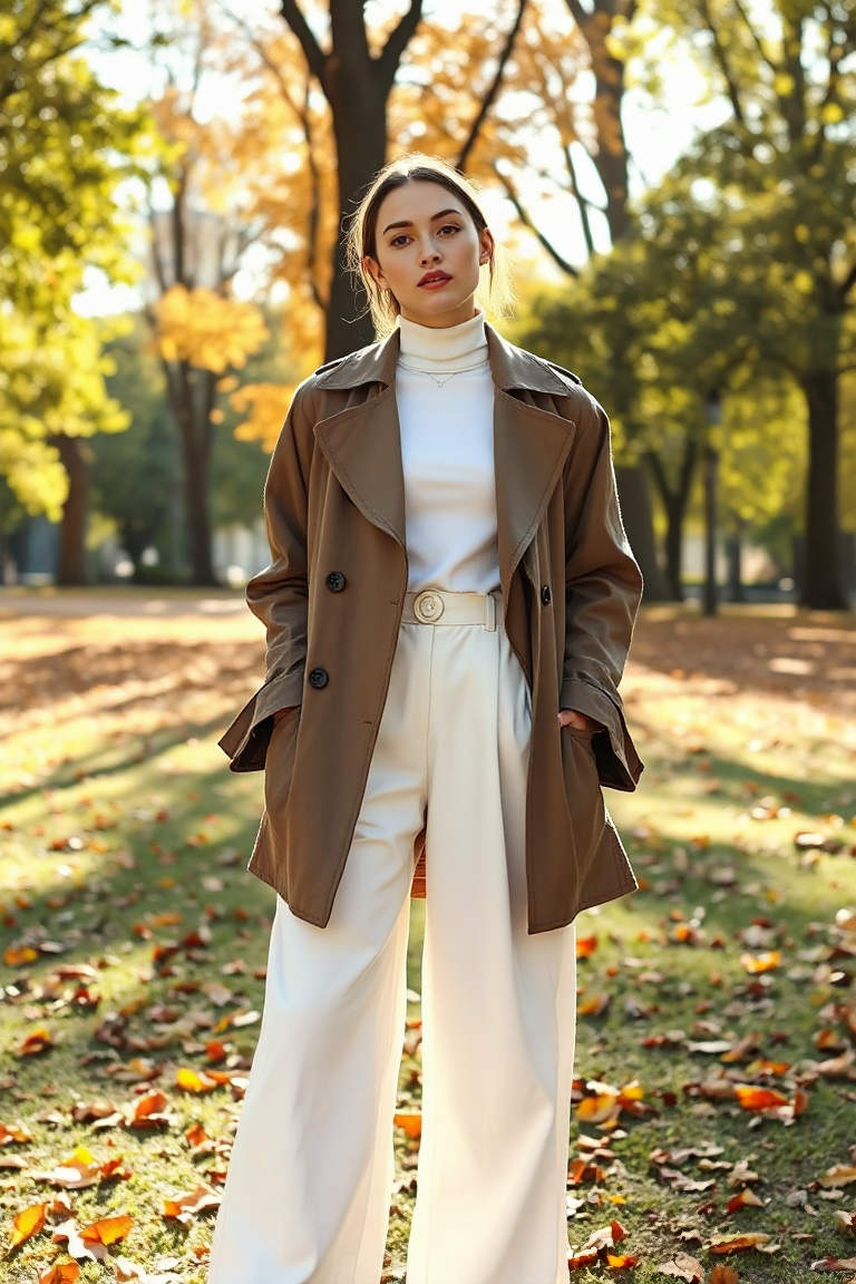 A woman in a cropped, modern trench coat with wide sleeves, standing in a sunlit park with autumn leaves scatt