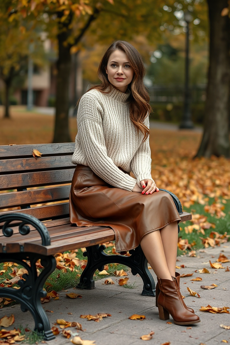 A woman in a brown leather skirt, cream-coloured knit sweater, and ankle boots, sitting on a wooden bench in a
