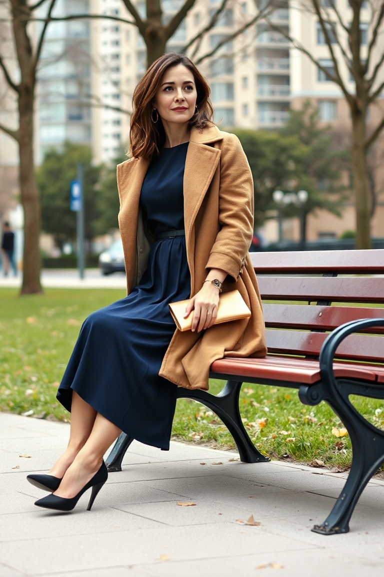 A woman sitting on a bench in an urban park, wearing a navy blue midi dress with a fitted waist, layered under