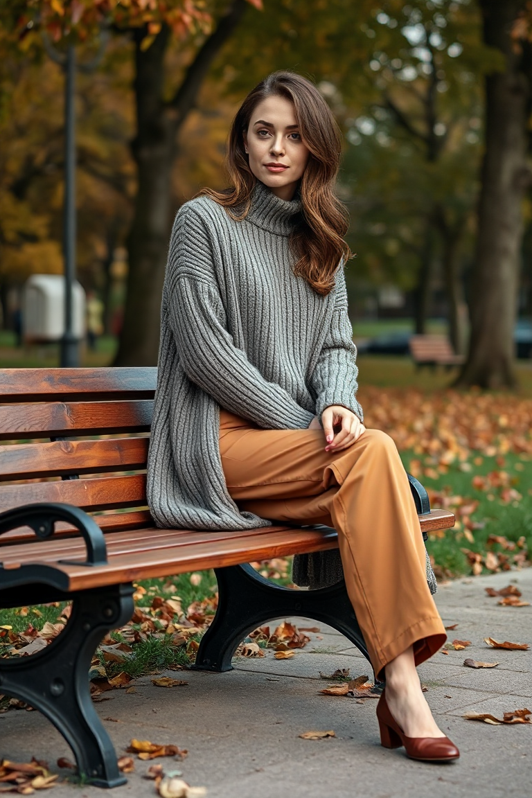 A woman in a slim fit camel trouser with a longline grey knit sweater, seated on a wooden bench in a leafy par