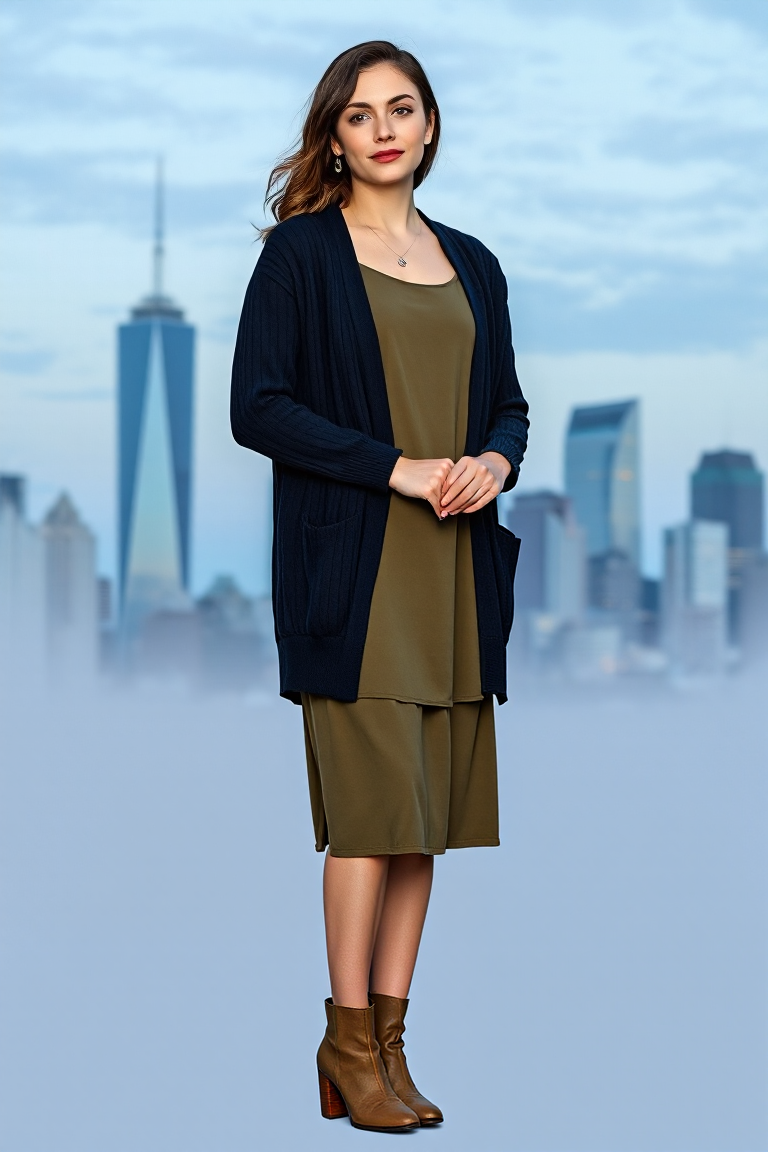 A woman in a navy wool cardigan, olive green dress, and ankle boots standing in front of a city skyline at dus