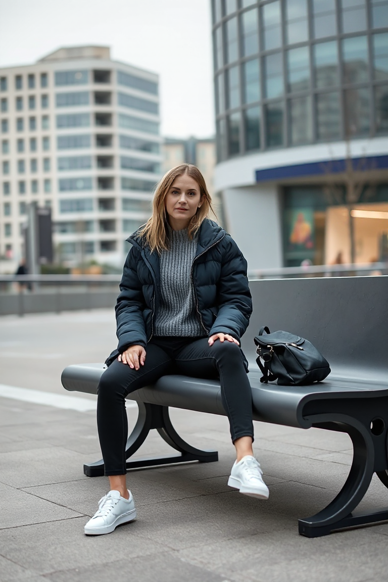 A woman sitting on a modern bench in an urban setting, wearing a slightly oversized navy puffer jacket over a 
