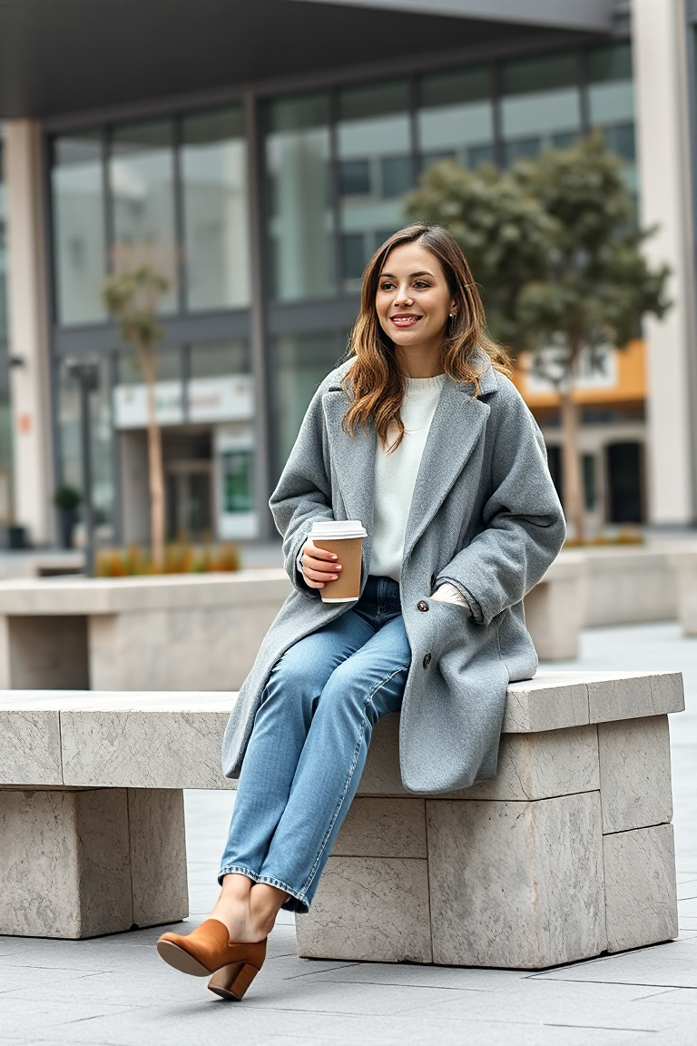 A woman in a relaxed oversized grey wool coat with a simple white crew-neck sweater and straight-leg jeans, si