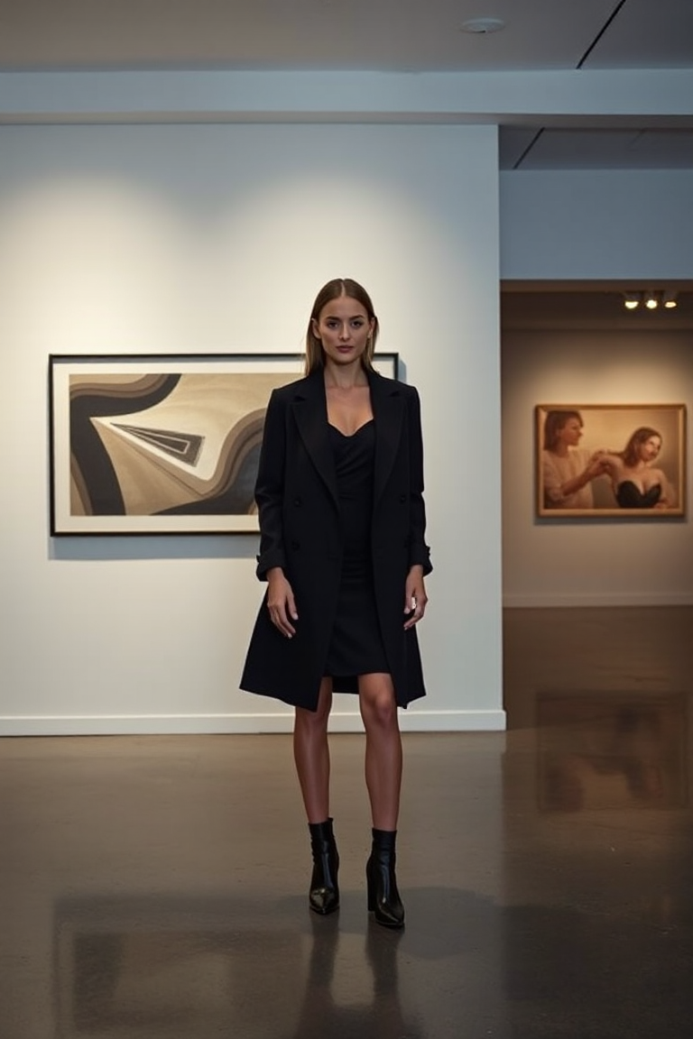 A woman wearing a black fitted blazer coat over a black slip dress, paired with pointed-toe black boots, stand