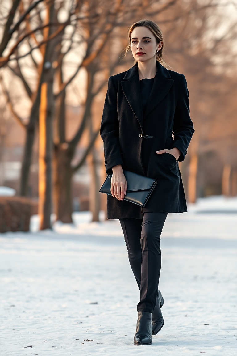 A woman in a tailored black cashmere coat with a subtle sheen, wearing a navy tuxedo-style suit, walking throu