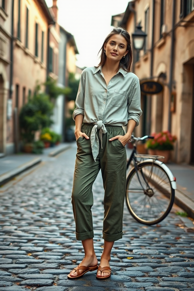 Full-body fashion photo of a woman wearing olive green cropped chinos, a loose linen button-down shirt tied at