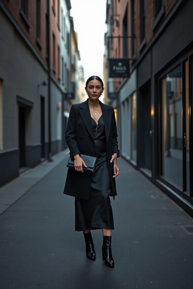 A woman in an all-black monochrome look with a tailored coat, silk slip dress, and black leather boots, standi
