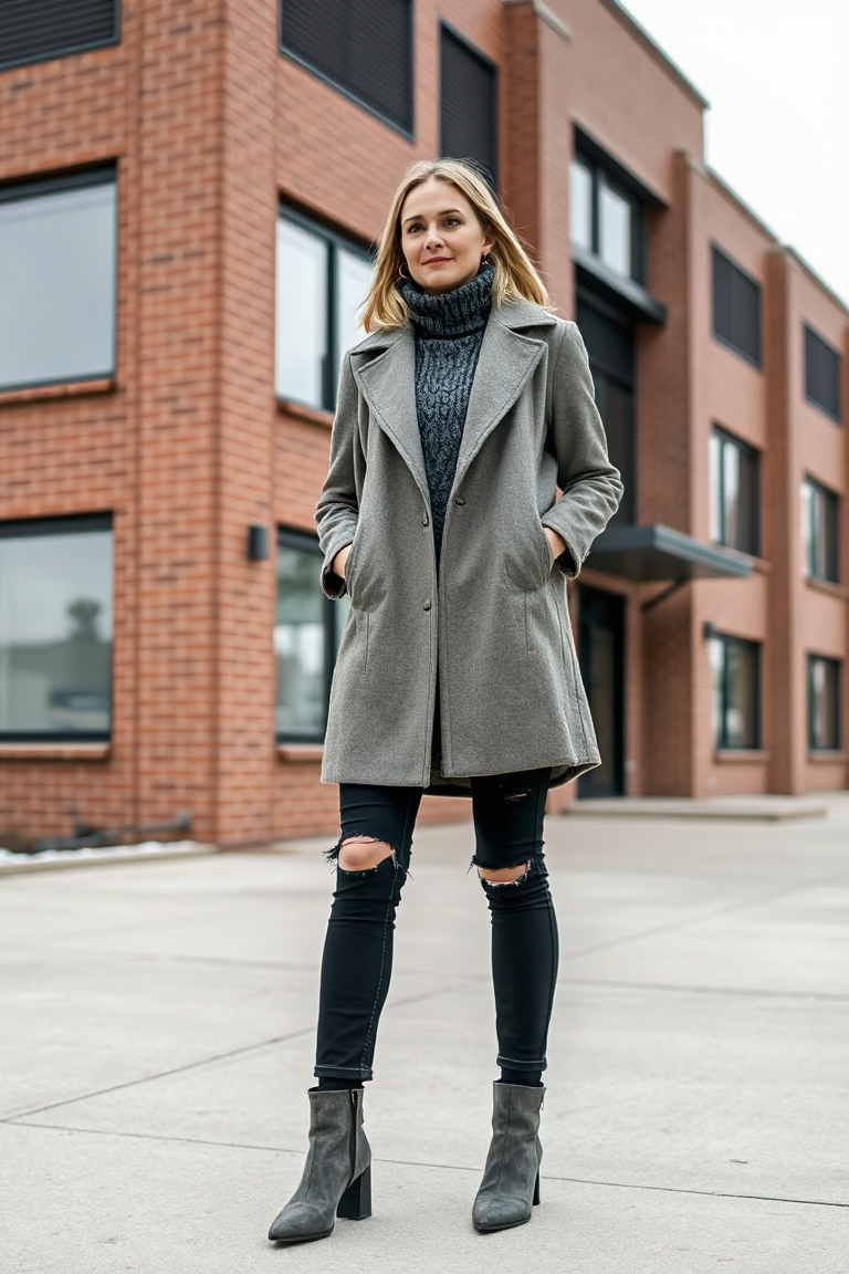 A woman in a structured knee-length coat over a charcoal knit sweater and distressed black jeans, wearing chun