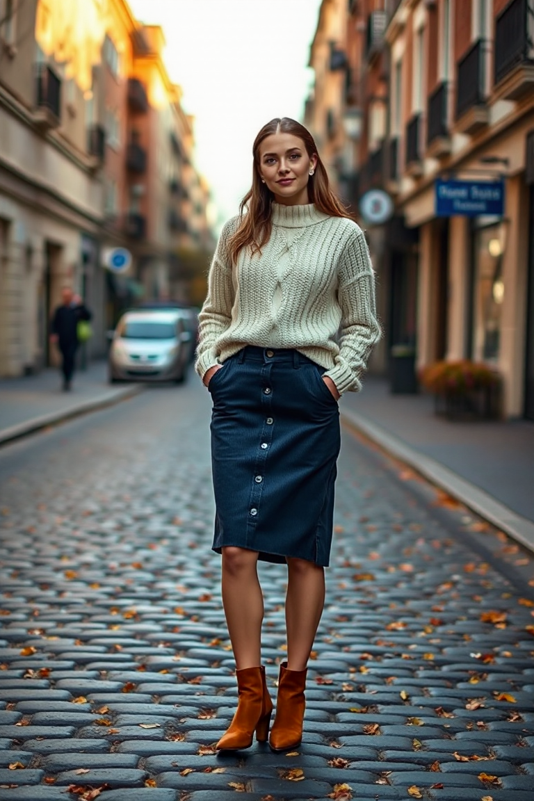 A woman in a navy corduroy midi skirt, cream chunky knit sweater, and brown ankle boots, standing on a cobbles