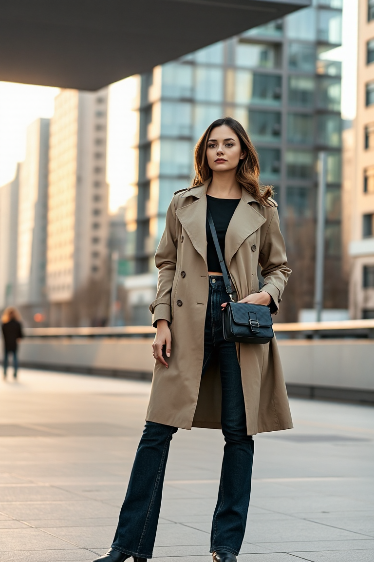 A woman in a cropped trench coat, standing in a modern urban setting, wearing a black top and high-waisted jea