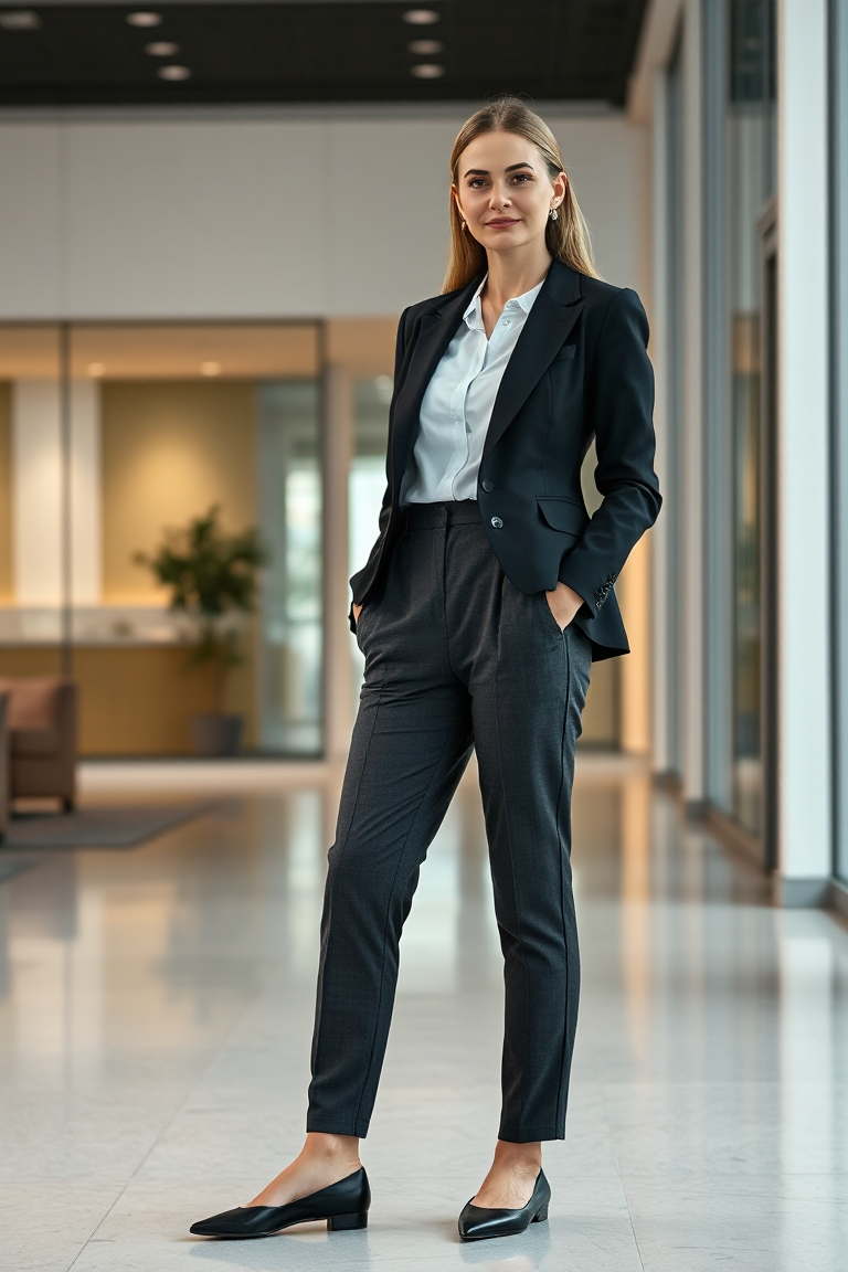 A woman in a tailored black blazer over a white button-down shirt, tucked into high-waisted charcoal trousers,