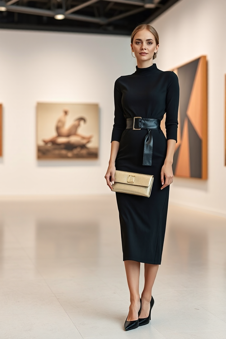 A woman in a black midi dress with a high neckline, styled with a wide black leather belt, wearing pointed-toe