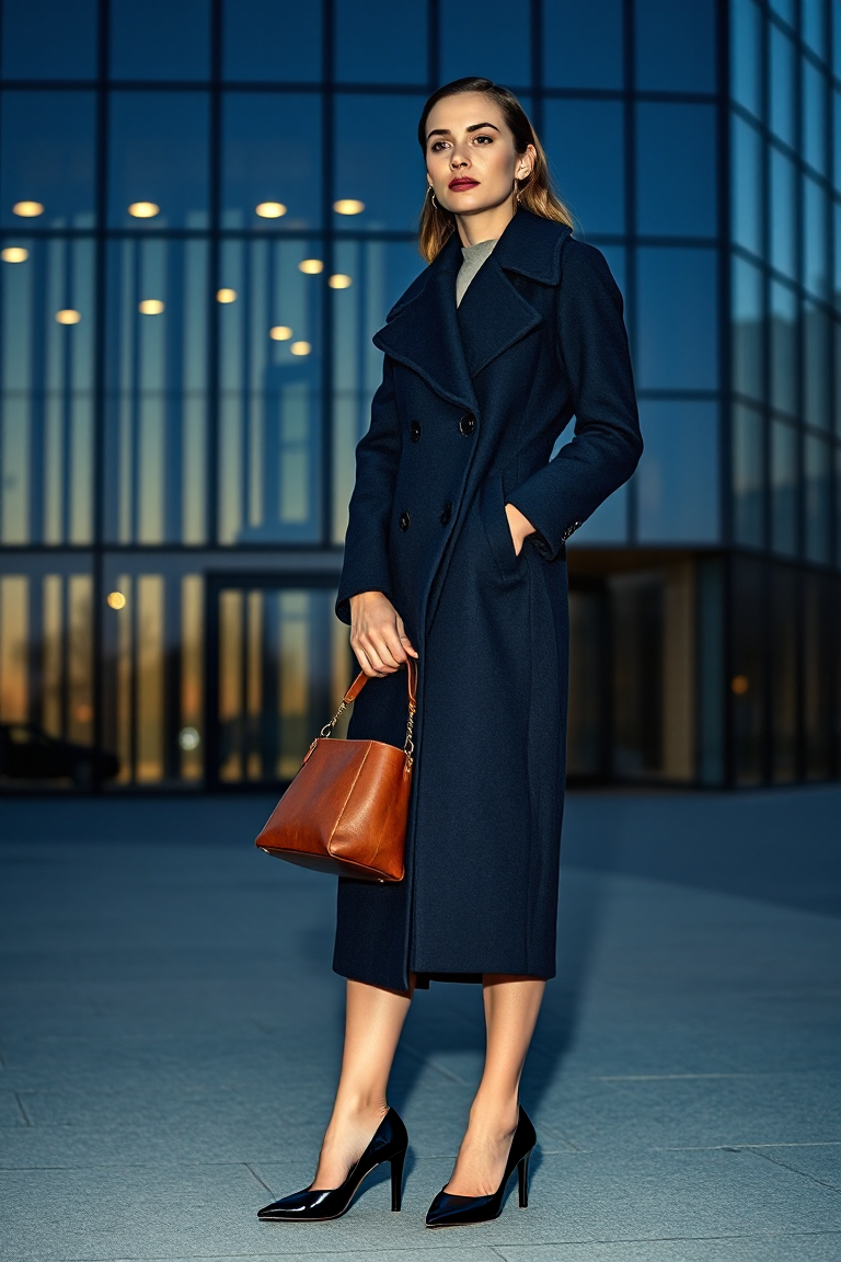 A woman in a long navy wool coat with a wide collar and concealed buttons, standing in front of a modern glass