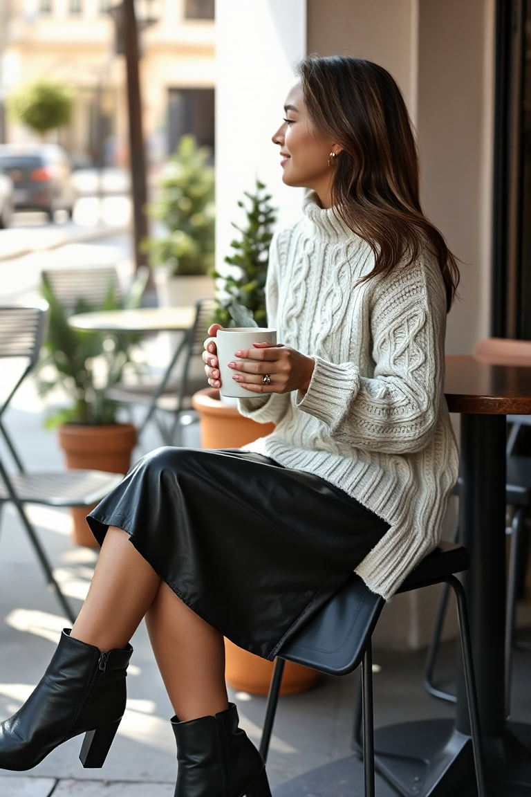 A woman in a cream cable-knit sweater, a black leather skirt, and pointed-toe ankle boots, sitting at an outdo