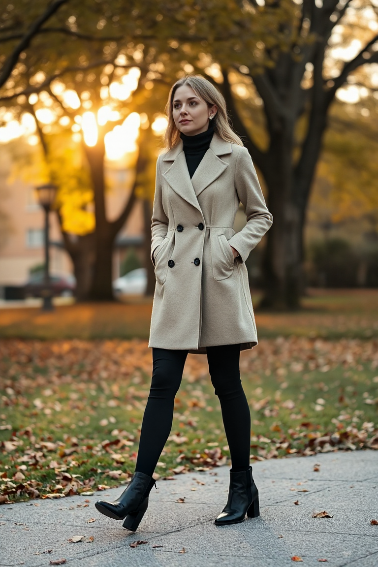 A woman in a tailored beige wool coat, black tights, and ankle boots, walking through a park in early autumn,