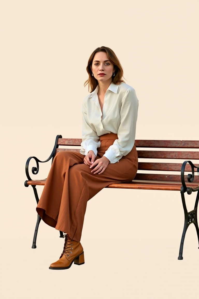 A woman sitting on a vintage bench in a high-waisted wide-leg trousers, white silk blouse, and tan combat boot