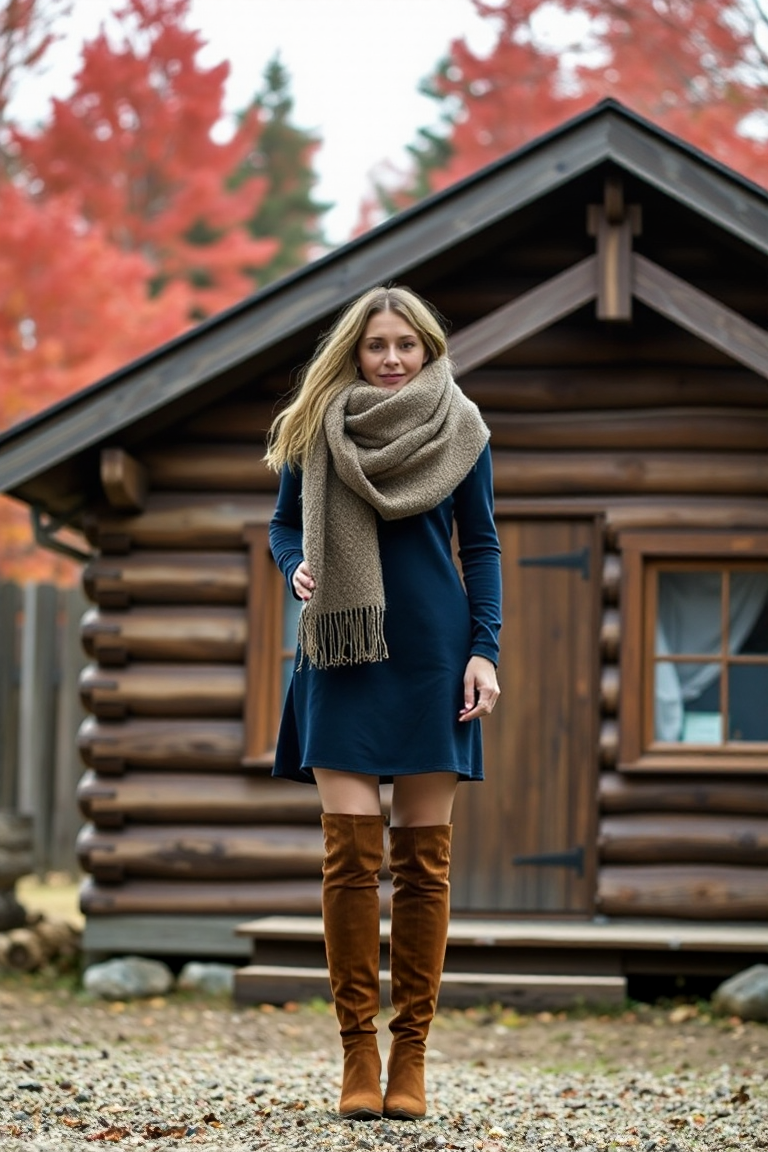 A woman in a navy wool-blend dress with a wide wool scarf and brown knee-high boots stands in front of a rusti