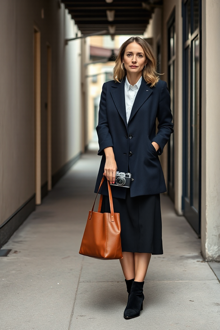 A woman in a tailored navy coat, worn over a white linen shirt and a black midi skirt, paired with black suede