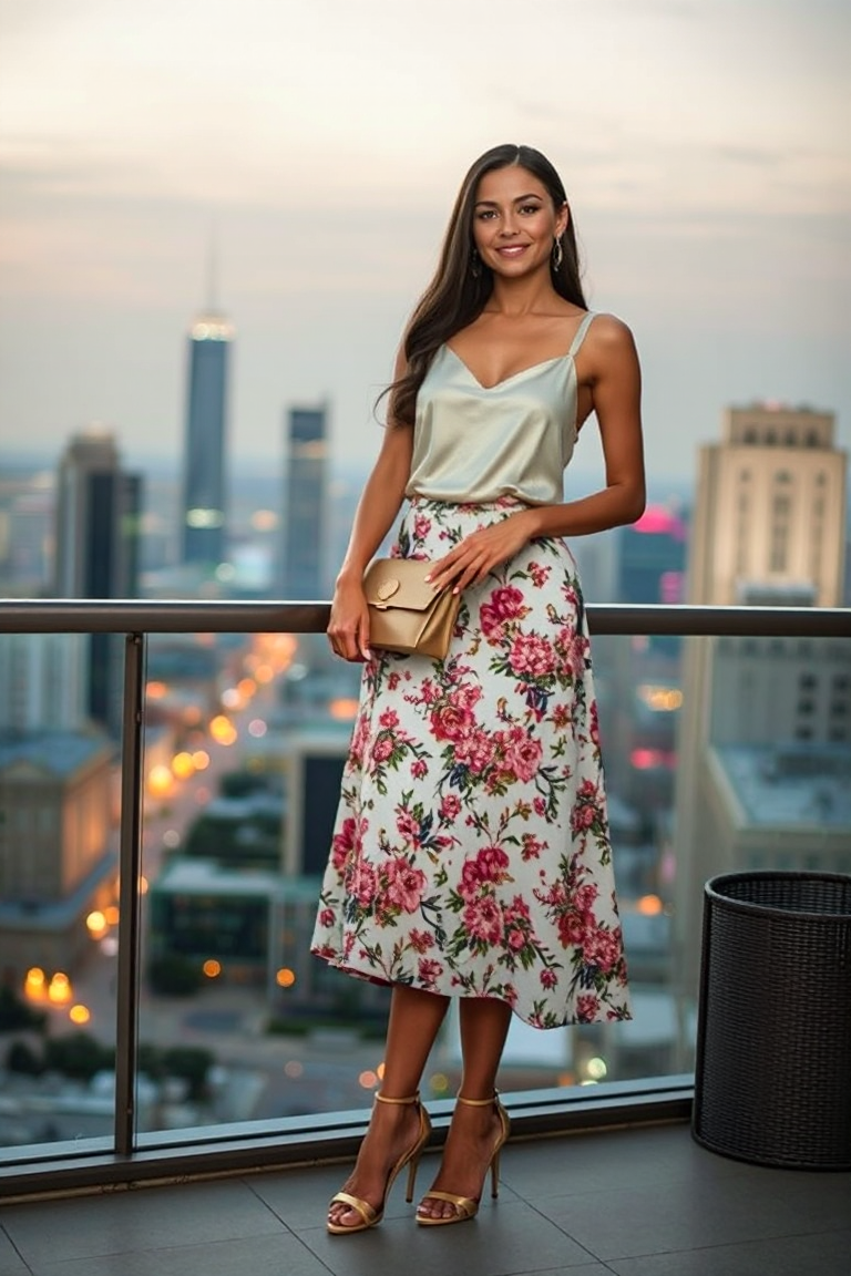A woman in a floral midi skirt with a cream silk camisole, strappy gold heels, and a small gold clutch, posing