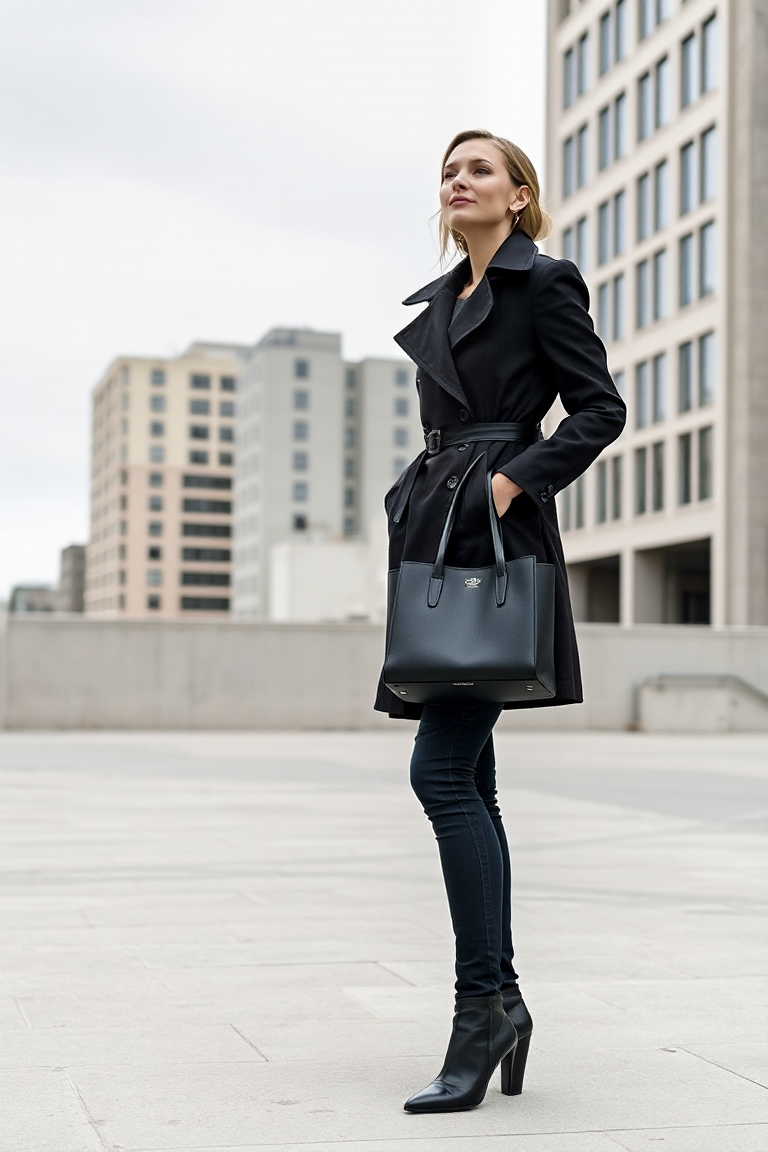 A woman in a tailored black trench coat with a sleek collar, standing in a minimalist urban setting with concr