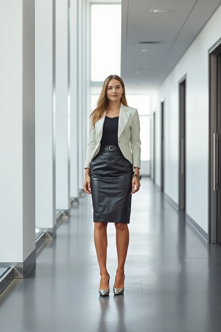 A woman in a black leather skirt, structured white blazer, and silver heels, standing in a sleek office hallwa